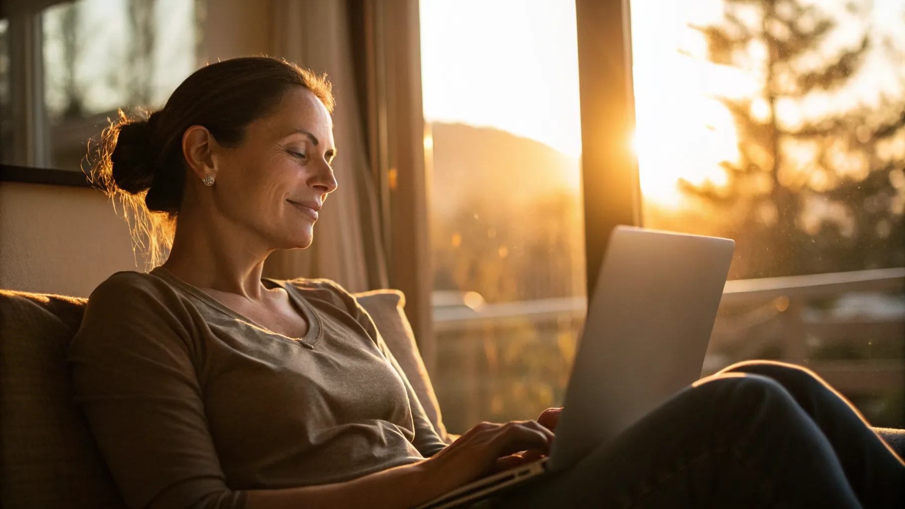 Online psychiatry and therapy visit in a warm, sunlit setting