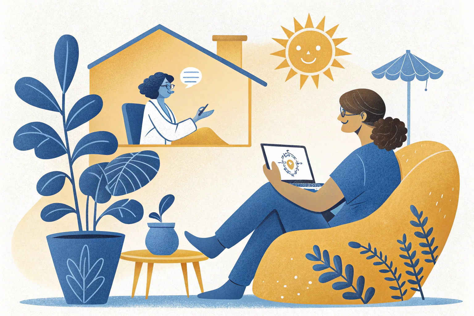 A California patient talking with a psychiatrist by secure video from home