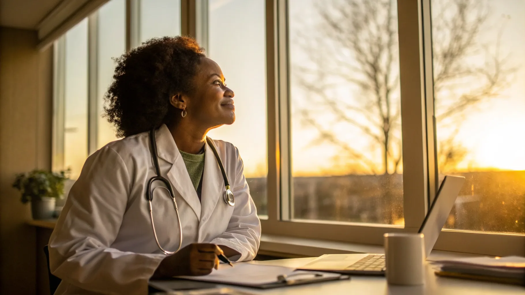 Online psychiatry and therapy visit in a warm, sunlit setting