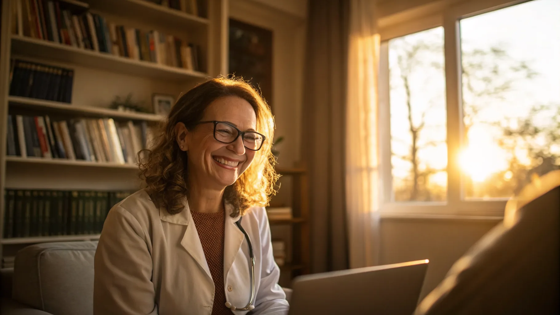 Online psychiatry and therapy visit in a warm, sunlit setting