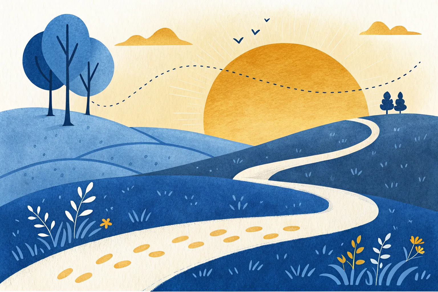 Illustration of a winding path with weekly milestone markers rising toward a sunrise