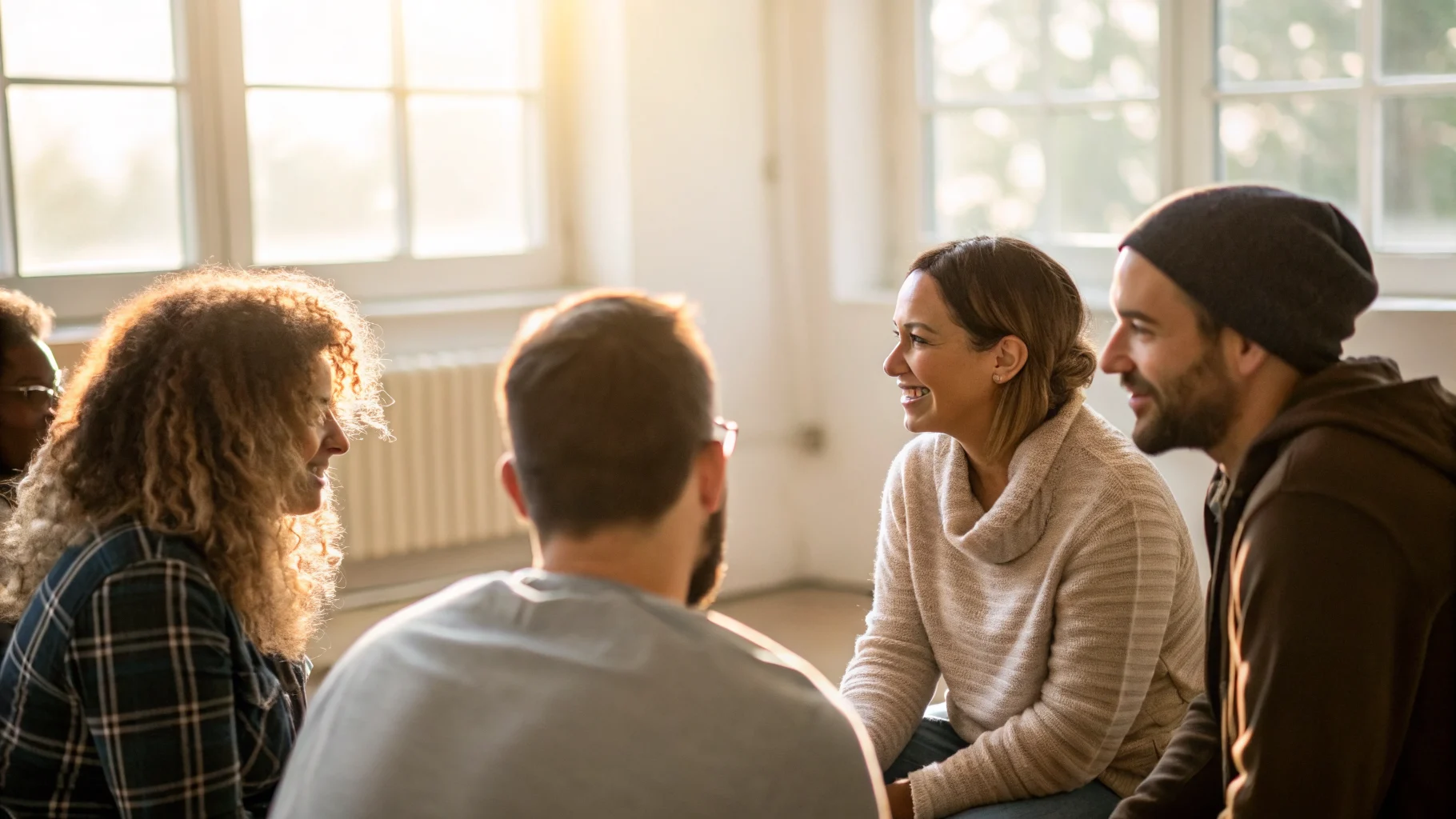 Online psychiatry and therapy visit in a warm, sunlit setting