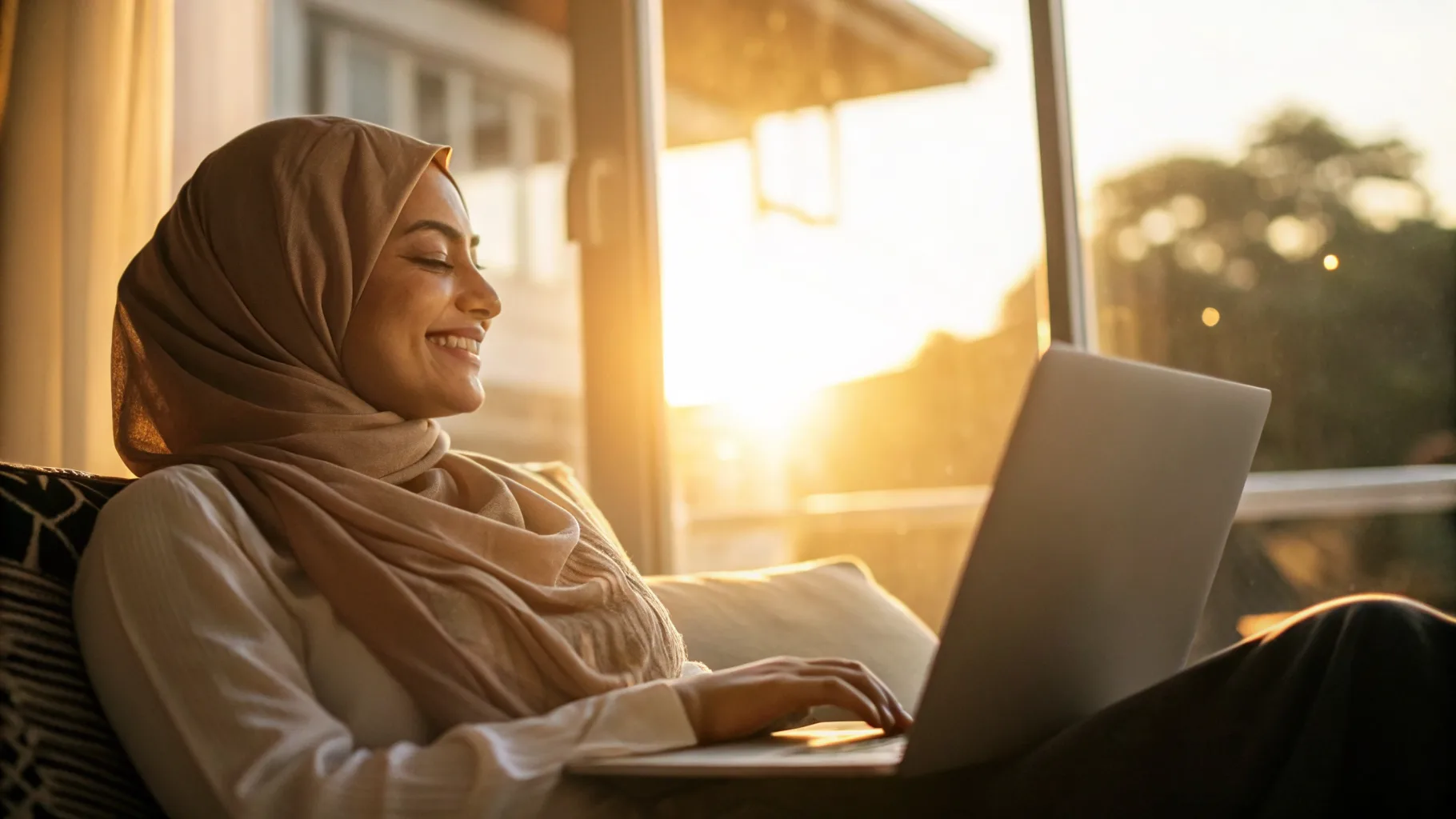 Online psychiatry and therapy visit in a warm, sunlit setting