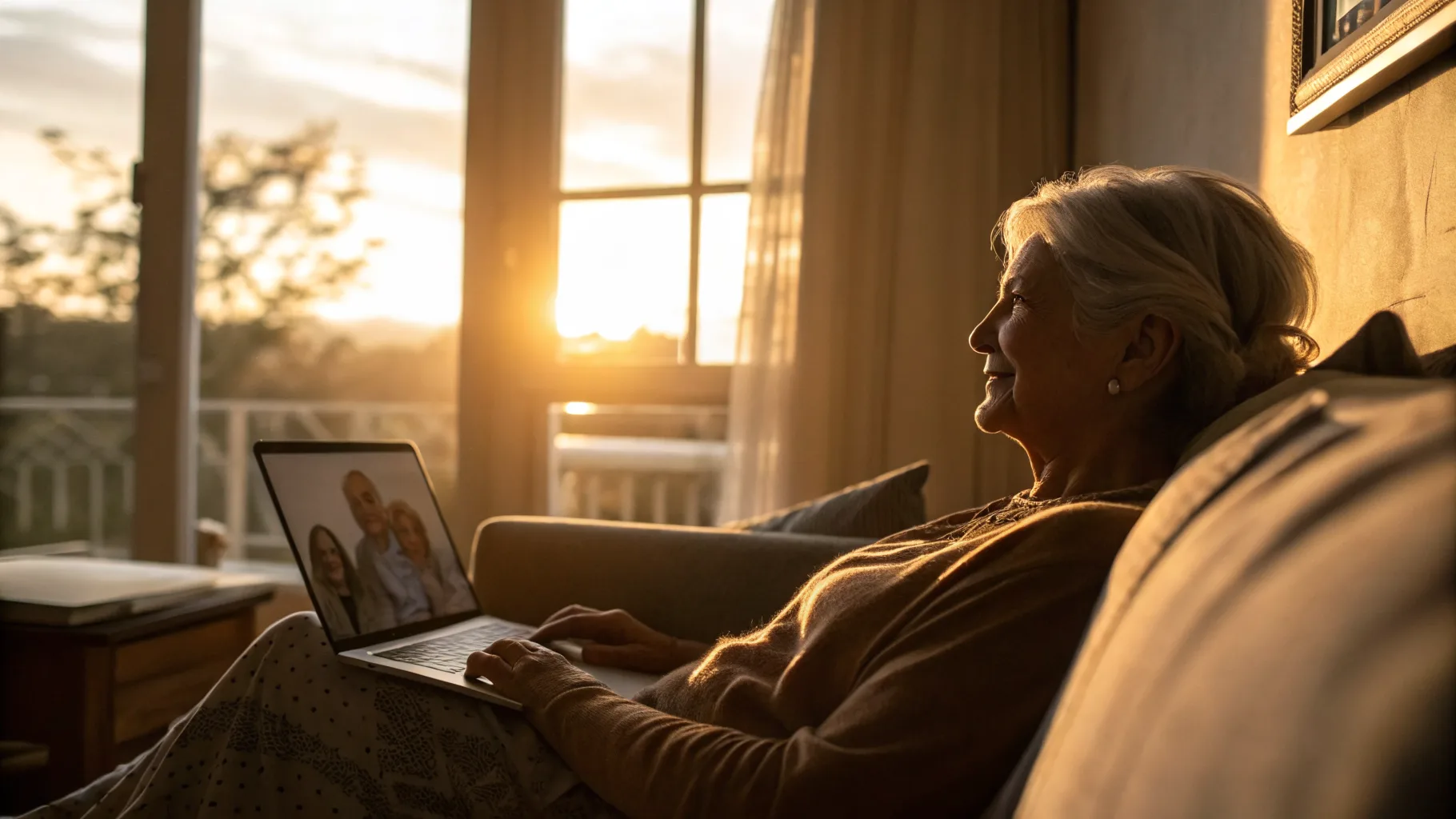 Online psychiatry visit in a warm, sunlit home office