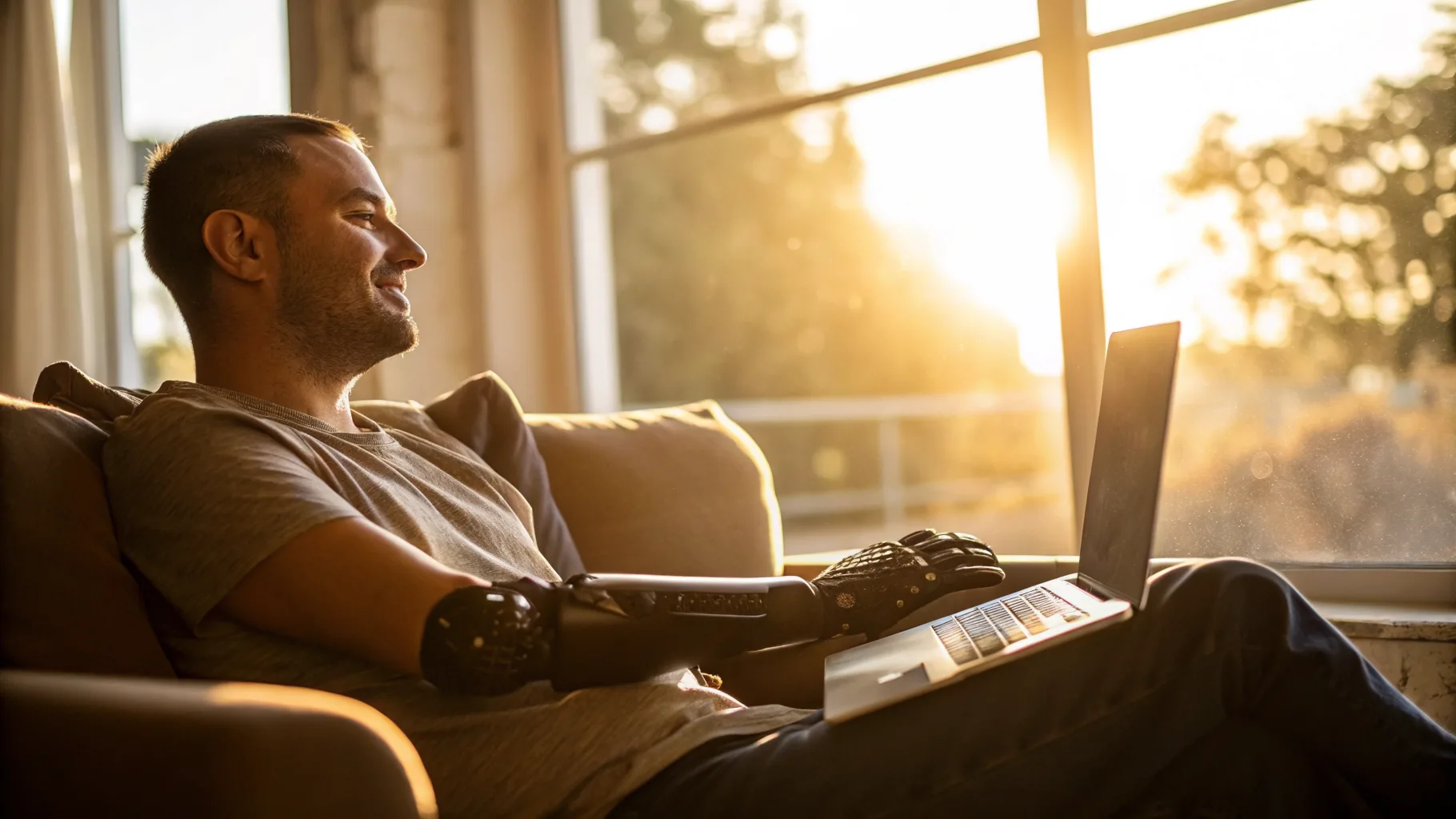 Online psychiatry visit in a warm, sunlit home office