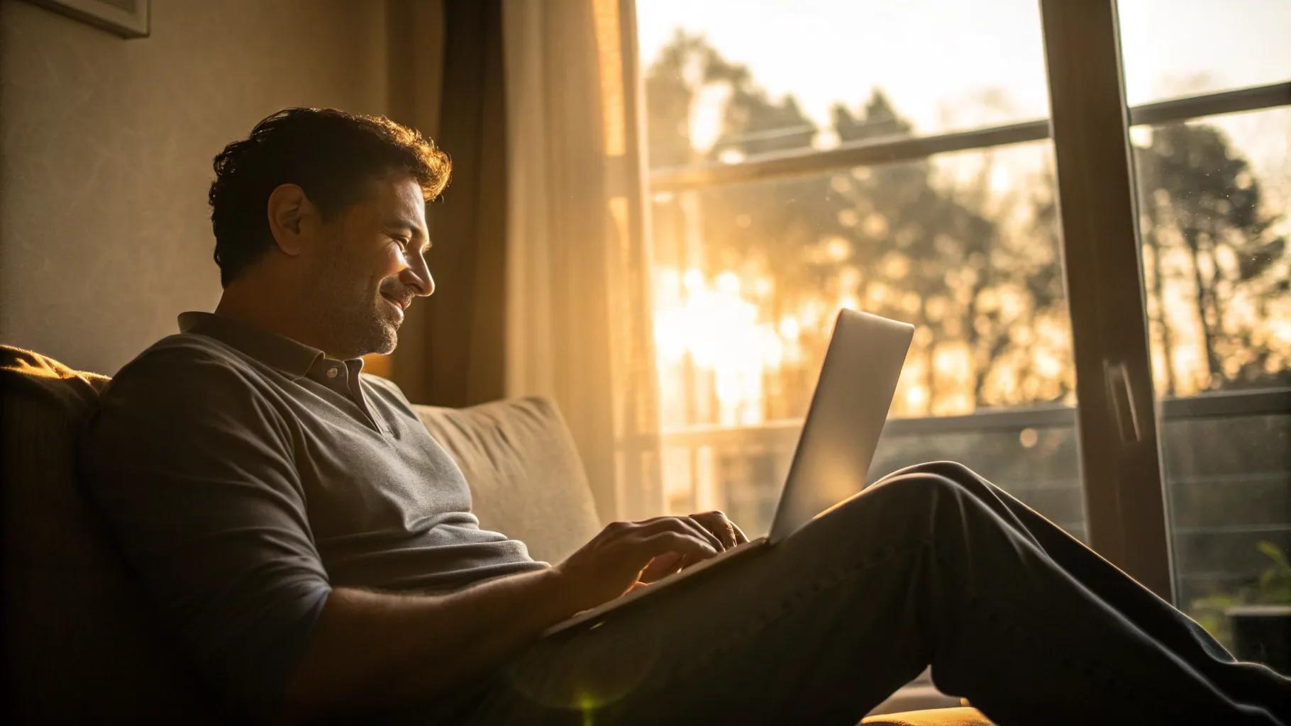 Online psychiatry visit in a warm, sunlit home office