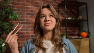 a woman looking up and looking up