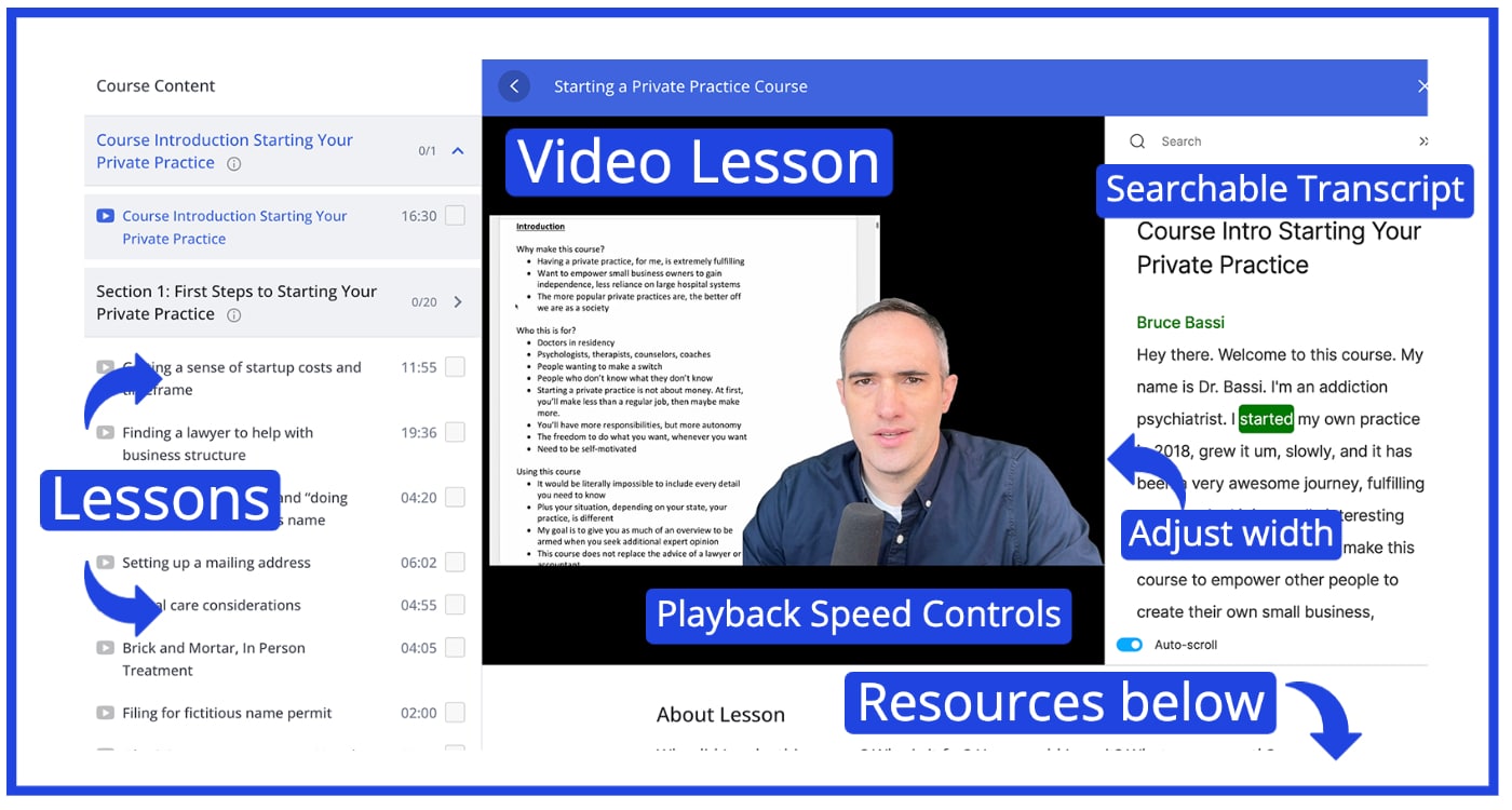 Screenshot of Private Practice Course, what to expect, features.