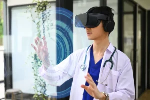 a man wearing a white coat and stethoscope holding a virtual reality device