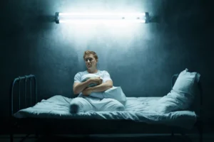 a man sitting on a bed with a pillow