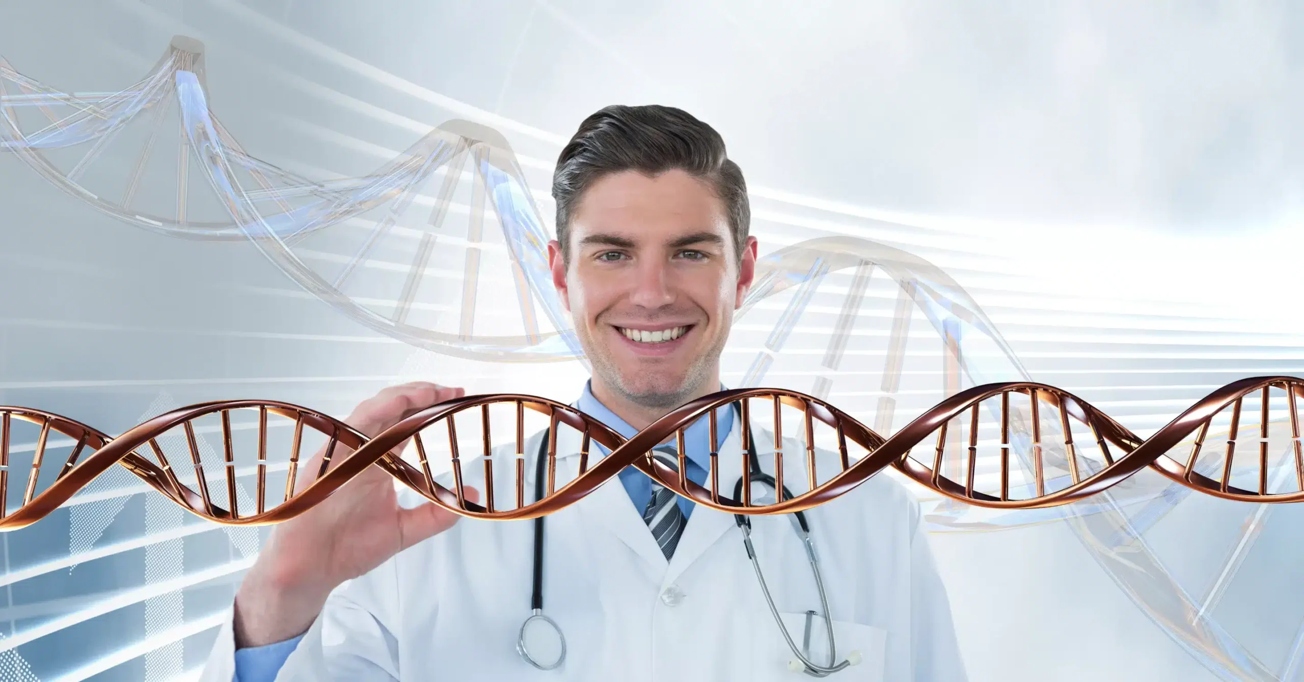 a man in a lab coat holding a dna strand