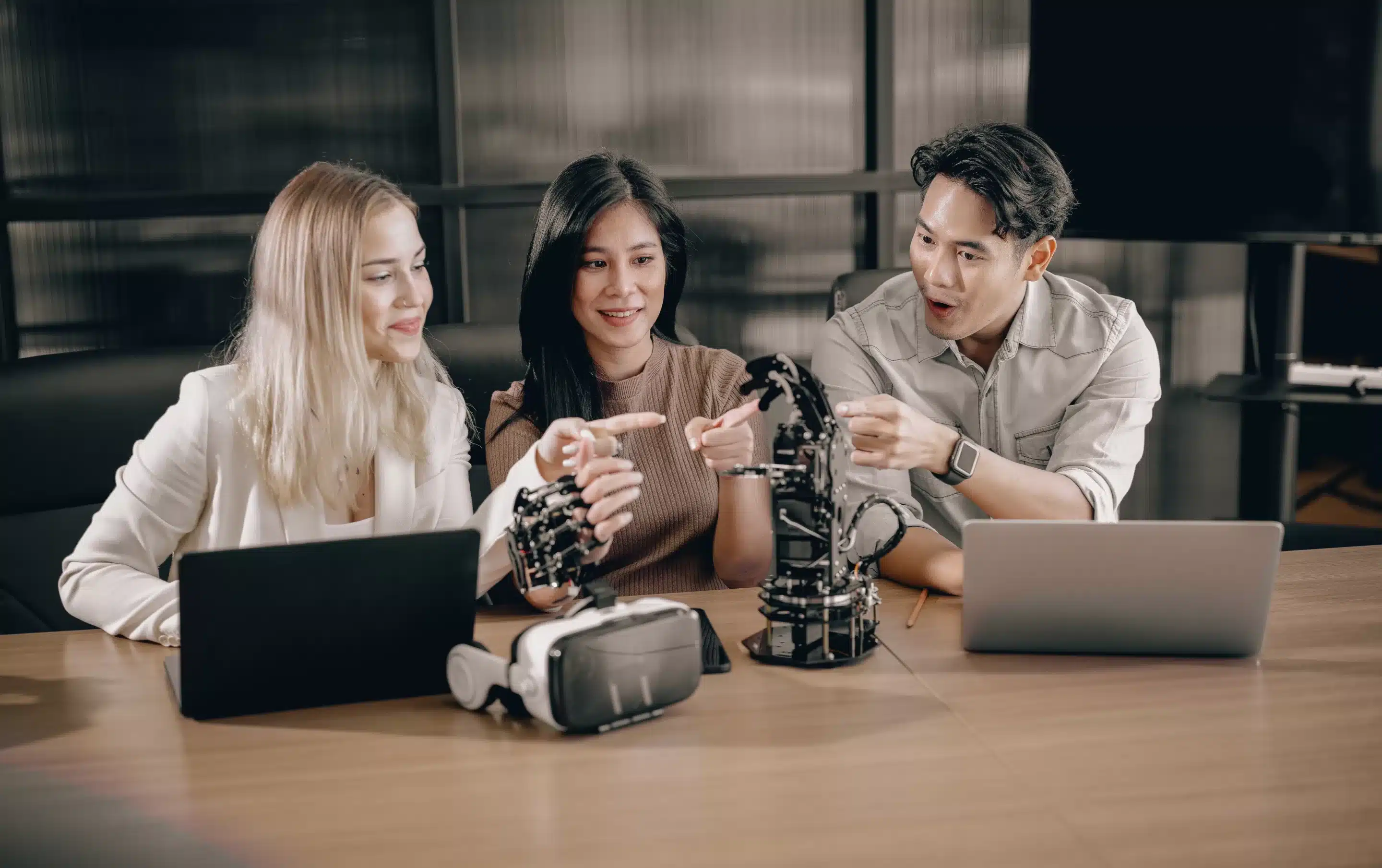 College students join research group to do experiments with educational robot.