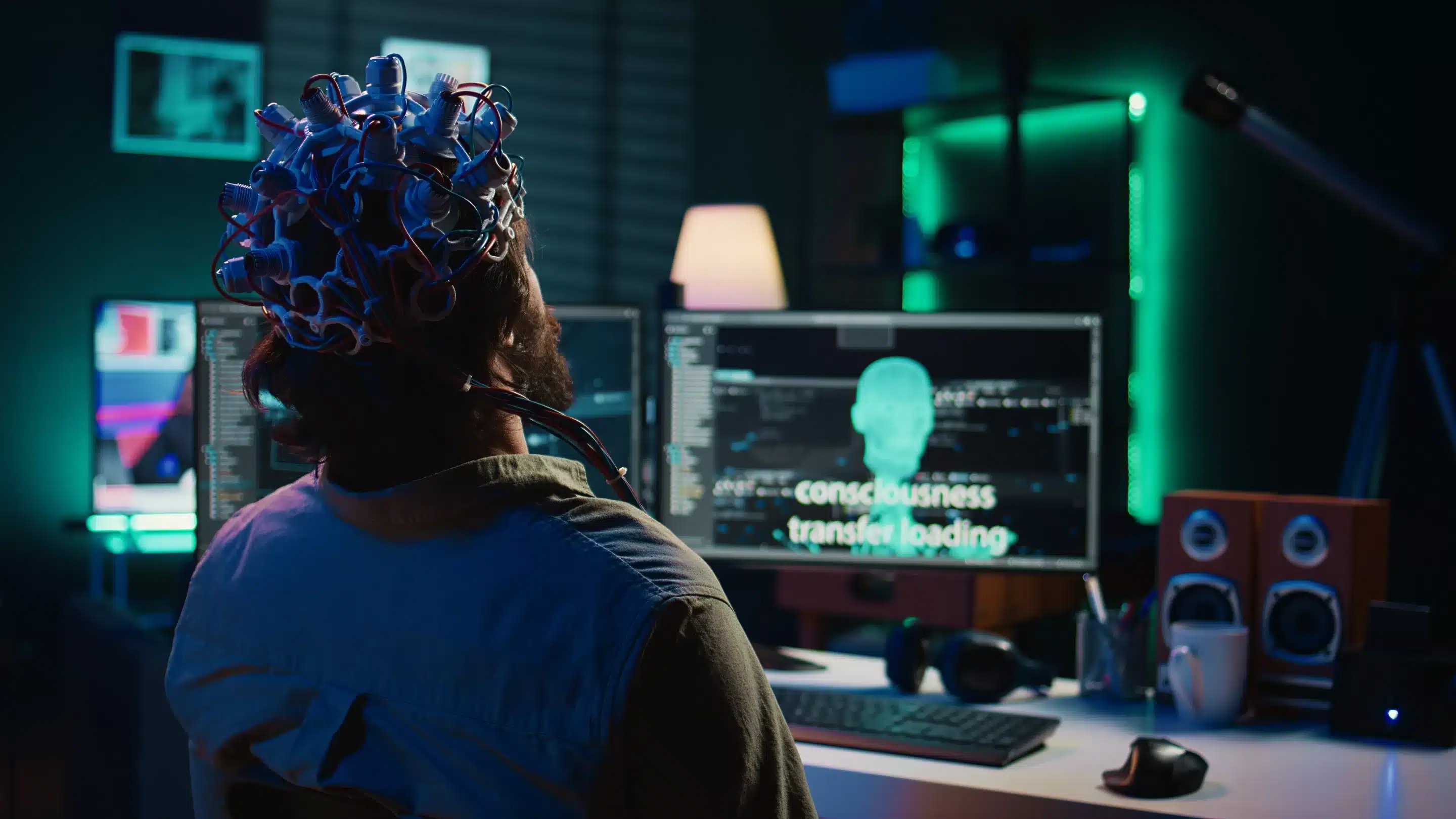 Engineer with EEG headset on programming brain transfer into computer