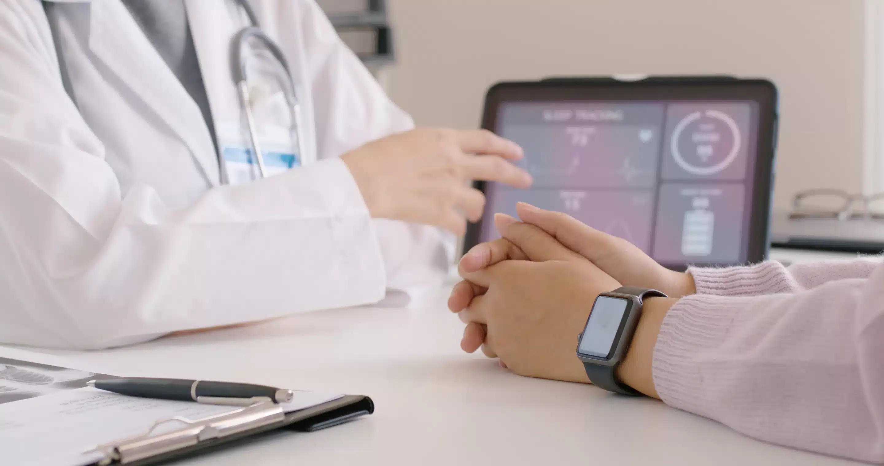 Wearable Devices for Mental Wellness Close-up GP advice AI smart IoT watch guide to patient help collect ECG
