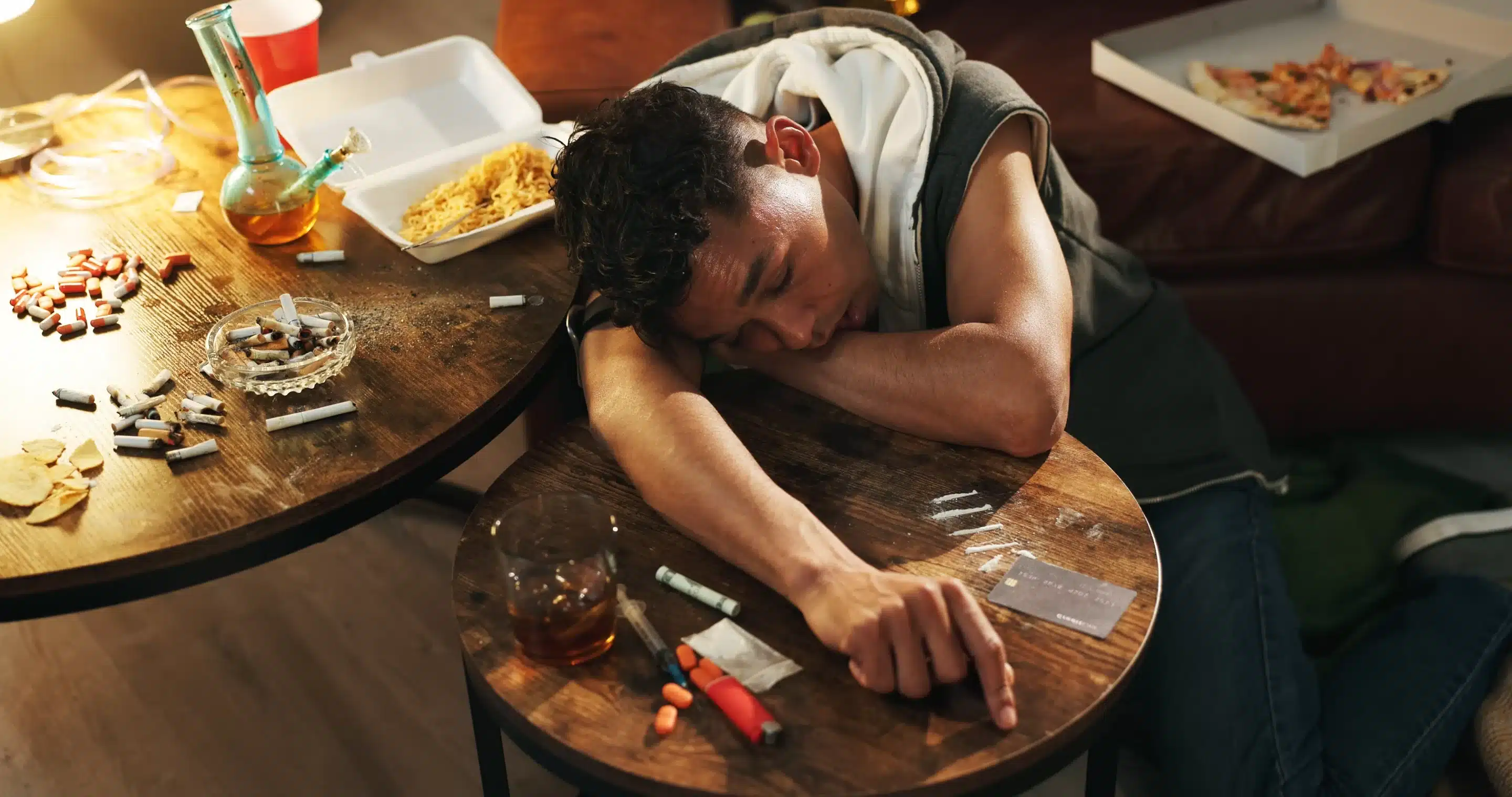 House, party and man with cocaine,