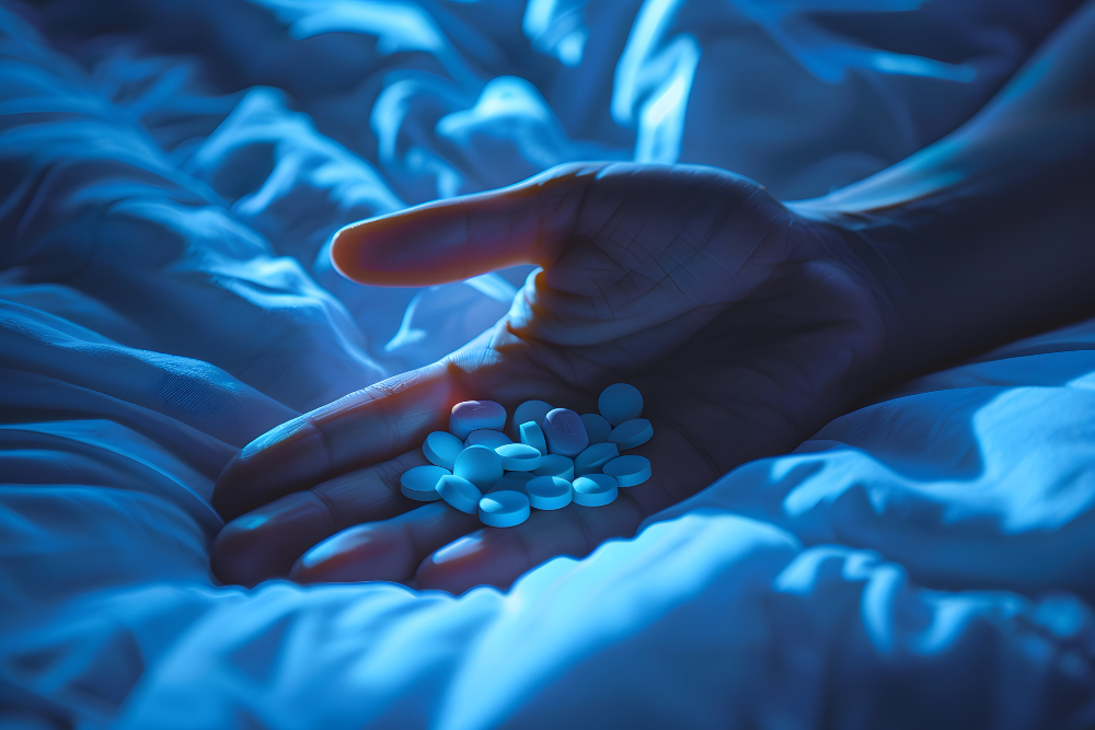 Hand holding prescription pills in dark, moody environment Can Melatonin Help with Anxiety?