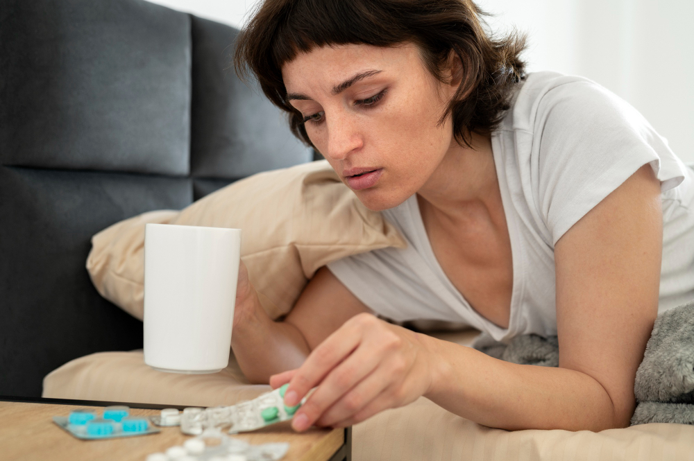 Unwell woman holding medication while resting in bed - medium shot