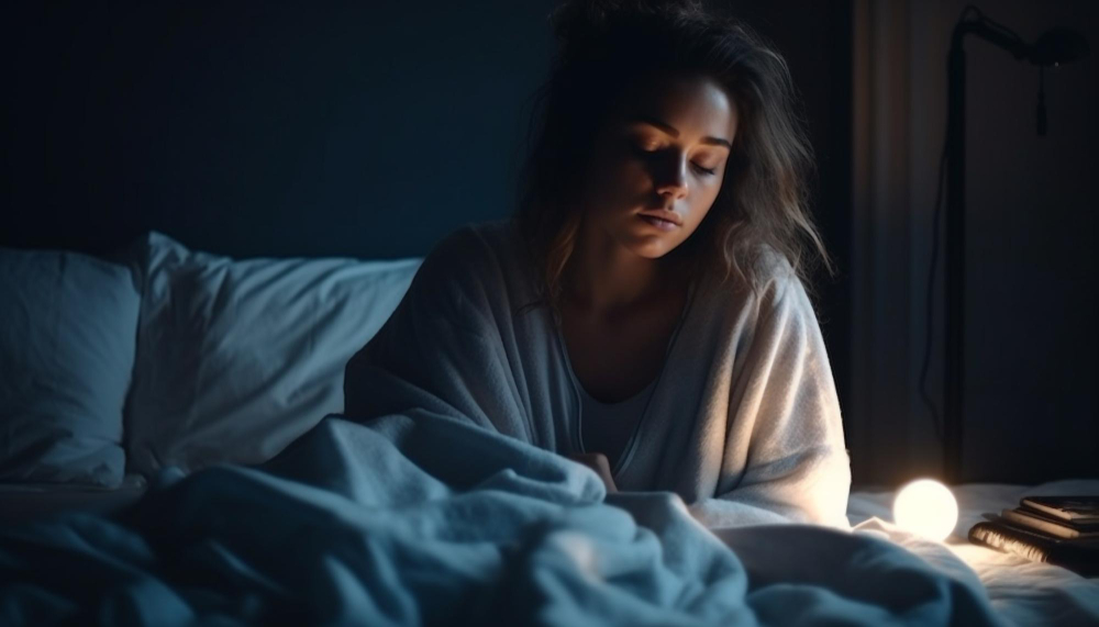 Young woman with insomnia tossing in bed at night