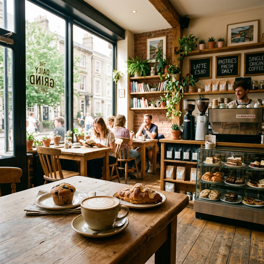 Warm inviting cafe with coffee, pastries, natural lighting
